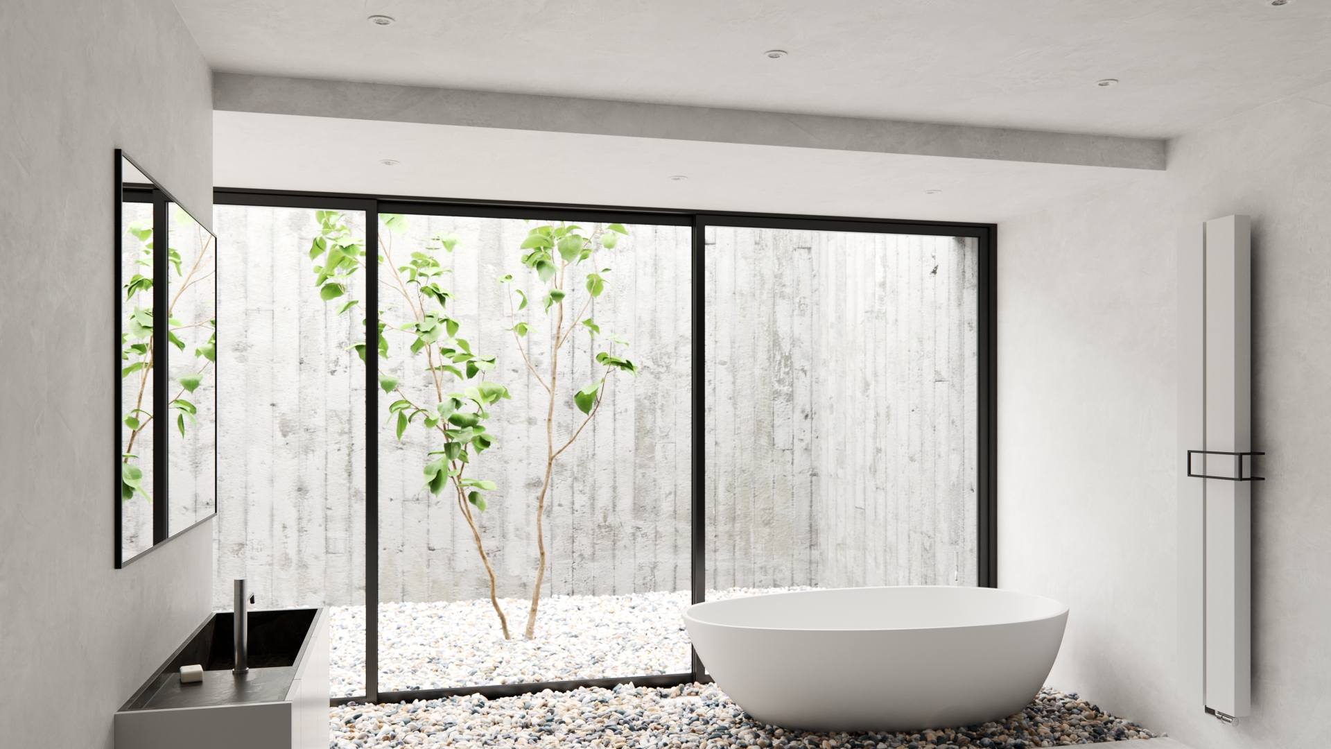 Ceiling fixtures in a bright bathroom